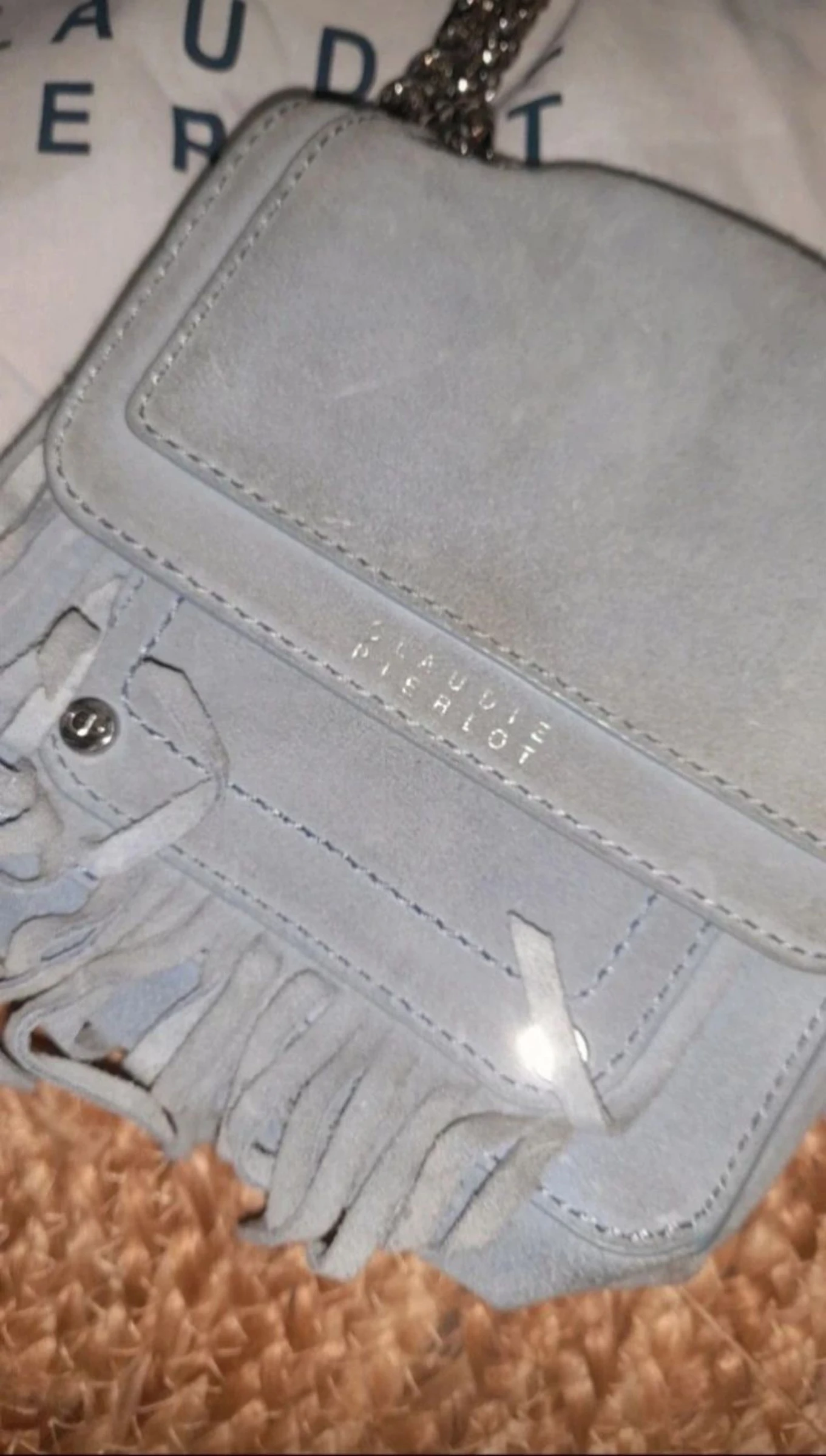 Small Claudie Pierlot blue deerskin bag with fringes Angela model model model – photo 2